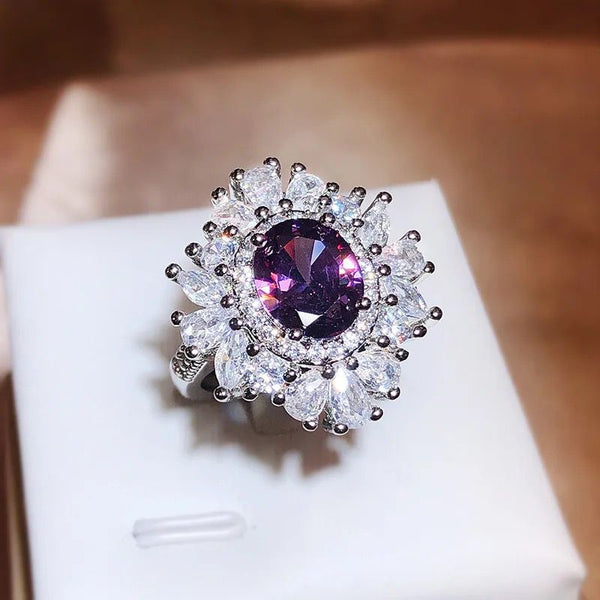 Deep Purple Zircon Full Diamond Adjustable Ring