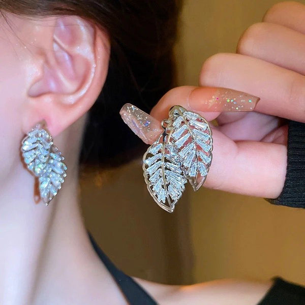 Exquisite Zircon Leaf Hollow Silver Color Earrings