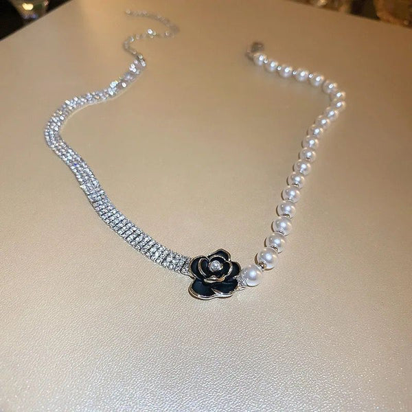 Black Flower Pearl Rhinestone Necklace