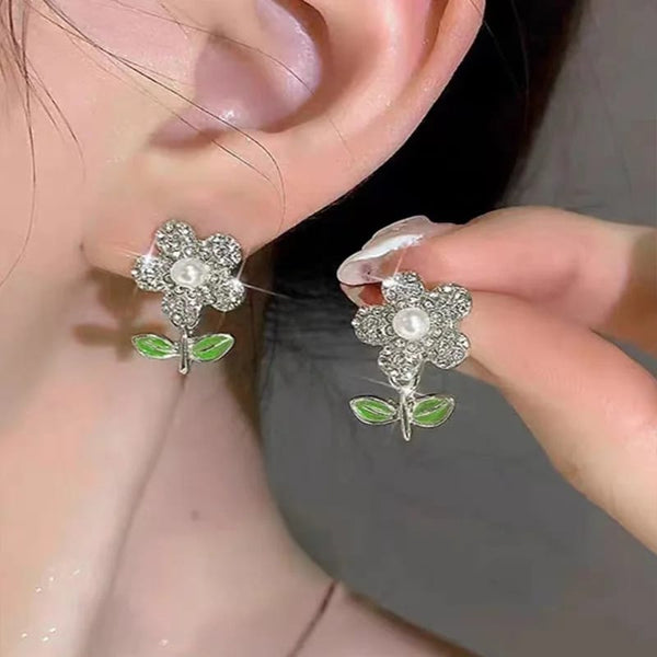 Green Flower Drop Studs