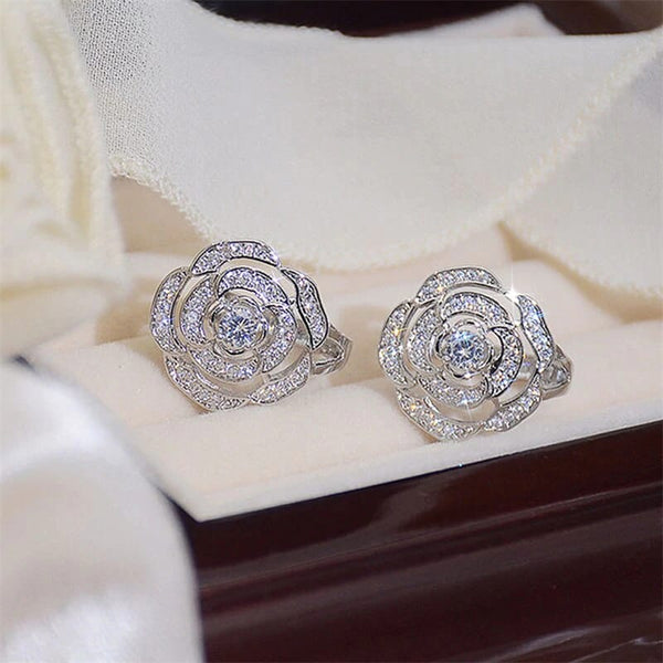 Charm Silver Rose Flower Clip Earrings