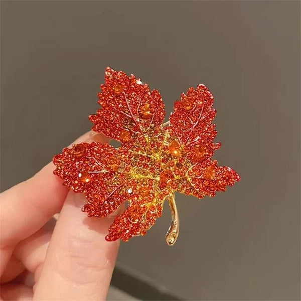 Fashion Brooch Maple Rhinestone Red/Orange