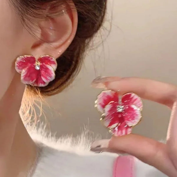 Drip Oil Red/Pink Flower Earrings