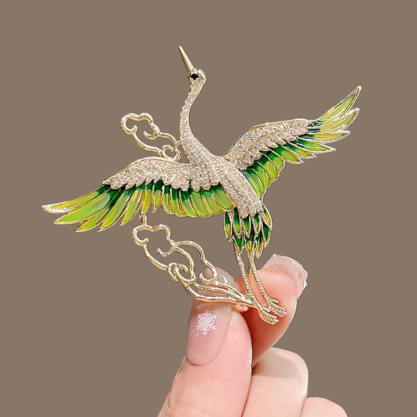 Fashion Luxury Green Enamel Crane Brooch