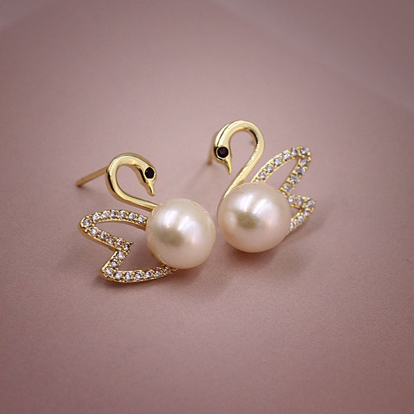 Golden Tiny Pearl Swan Studs