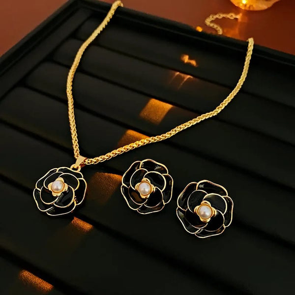 Elegant High End Feel Camelia Necklace Set With Earrings (Black)