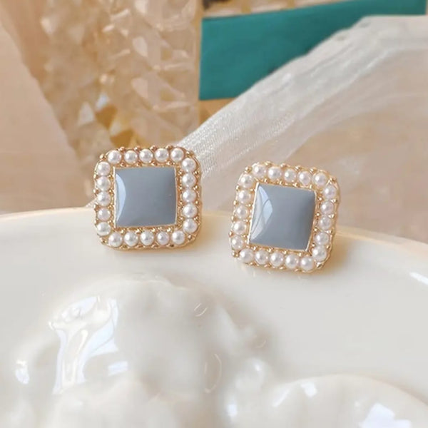 Chic Geometric Square Faux Pearl Studs