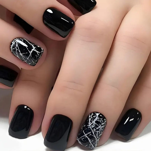 Black Stripe Glossy Squoval Press On Nails