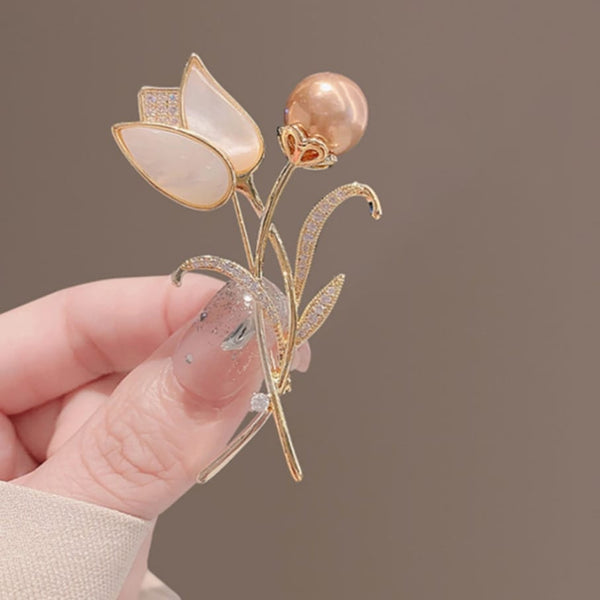 Delicate Tulip Flower Pearl Rhinestone Brooch (B4)