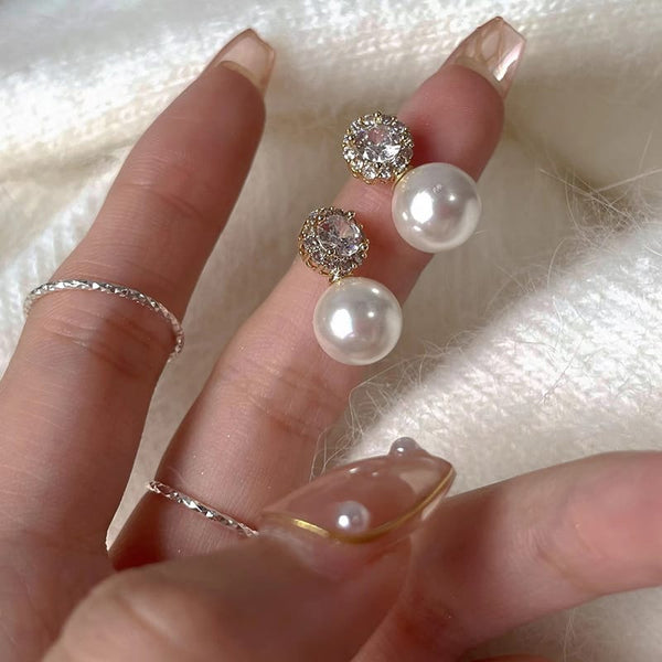 Romantic Simple Inlaid Zircon Round Pearl Golden Drop Studs
