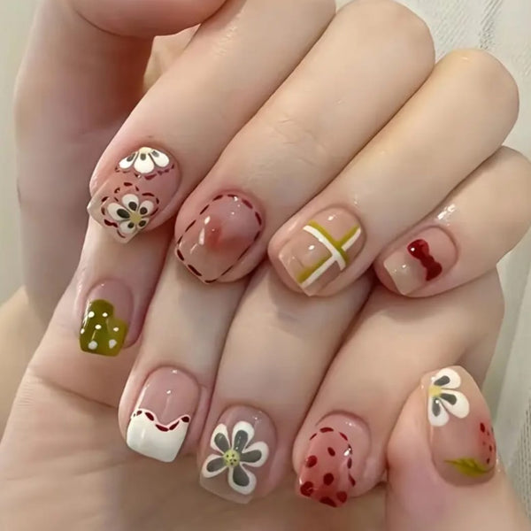 Short Square Press On Nails with White Flower Design & French Tip (C)