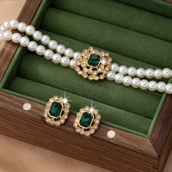 Luxurious Double Pearl Square Rhinestone Necklace Earrings Set (Emerald)