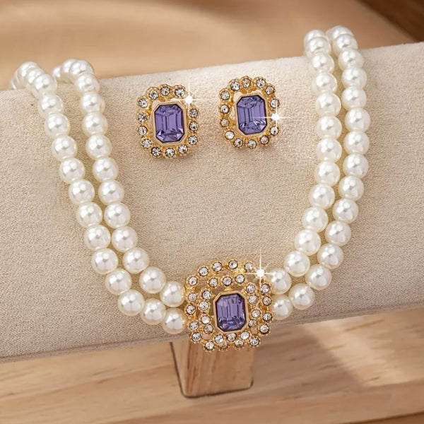 Luxurious Double Pearl Square Rhinestone Necklace Earrings Set (Purple)