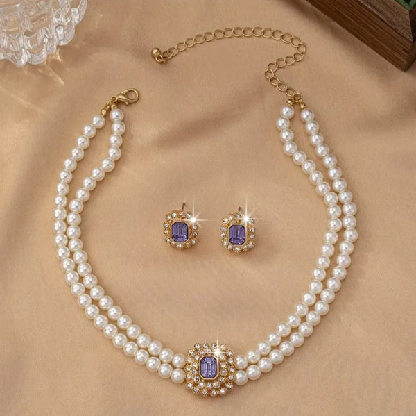 Double Pearl String Luxury Necklace Earrings Set (Purple)