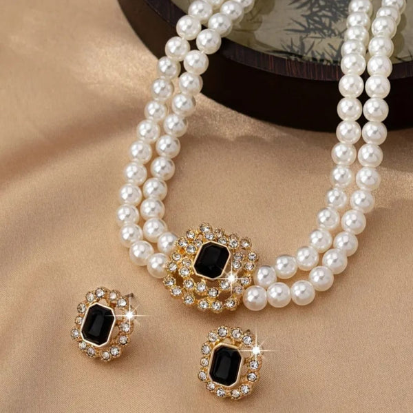 Luxurious Double Pearl Square Rhinestone Necklace Earrings Set (Black)