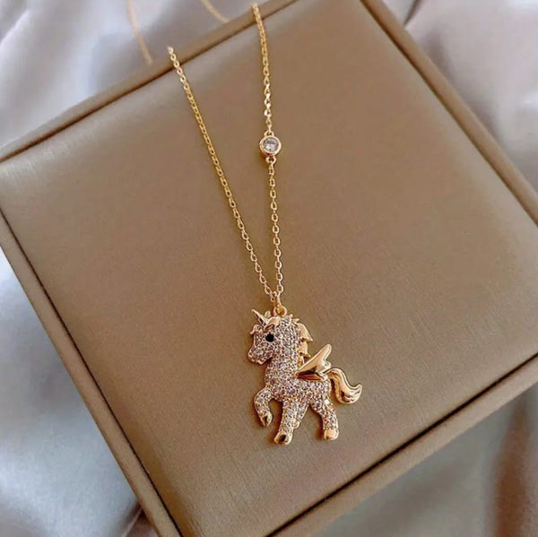 Creative Golden Zircon Studded Unicorn Pendant With Chain