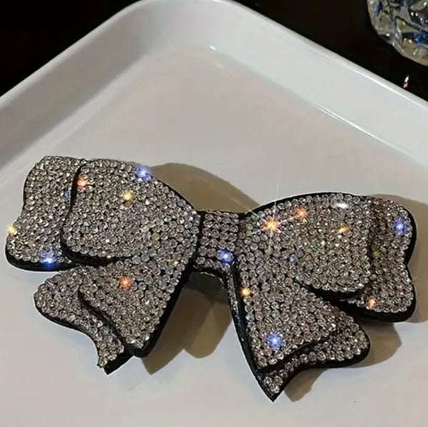 Rhinestone Silver Fabricated Bow Spring Clip