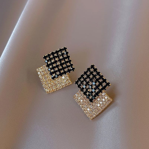 Geometric Balck & Gold Rhinestone Earrings