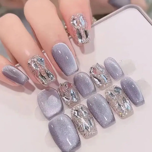 Grey Blue Gem Gel Glossy Press On Nails Short Square Nails B7