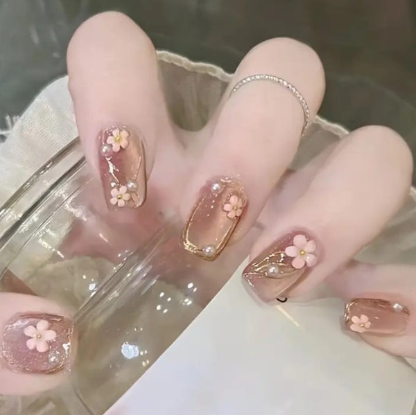 Pink Cat Eye Pearl Flower False Nails (AC)