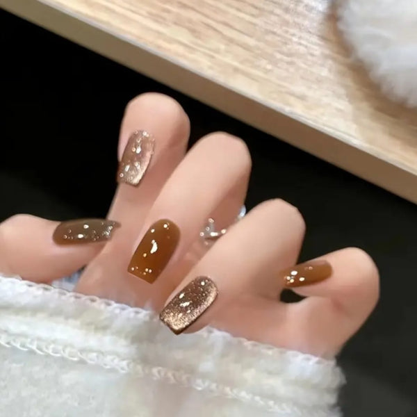 Caramel Brown Glitter Cat Eye Ballet Shape False Nails (A1)