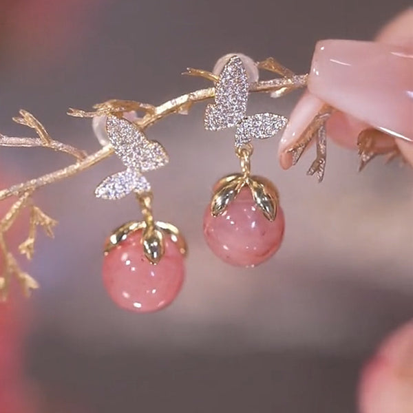 Korean Butterfly Pink Opal Dangle Earrings