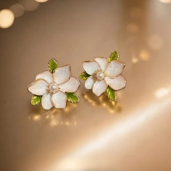 Persimmom Creme Flower Drop Inlay Pearl Earrings