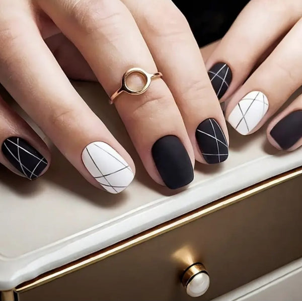 Black & White Designed Abstract Nails