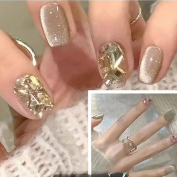 Gem Gel Glossy Press On Nails Short Square Nails B7